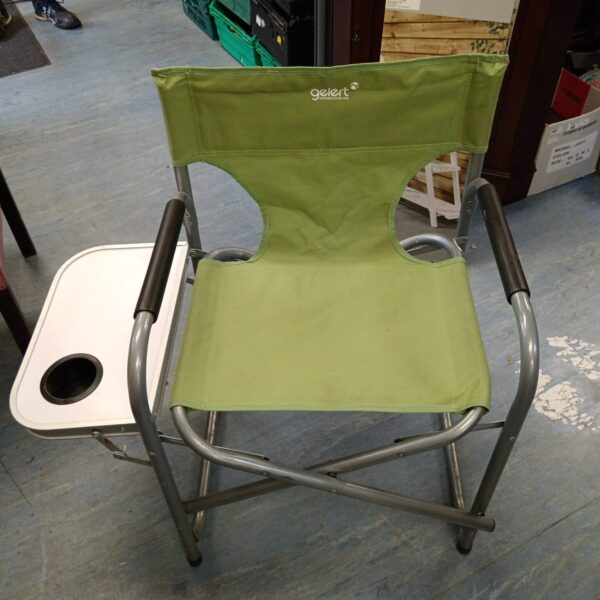 Green Gelert camping chair with integrated side table.
