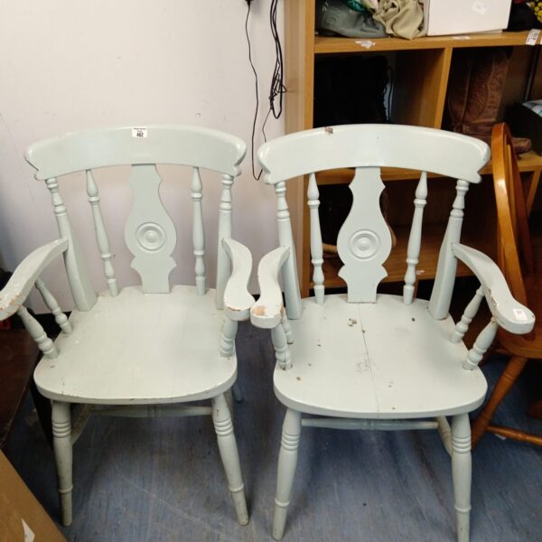 Pair of shabby chic carver chairs with painted finish.
