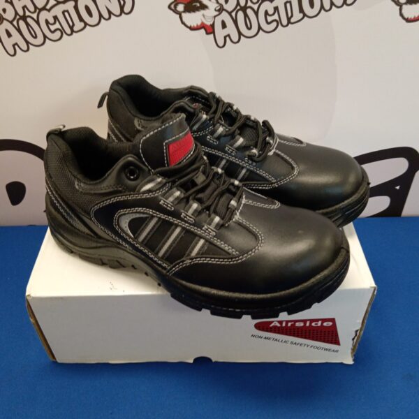 Black and grey Airside safety shoes, size 7, for work.
