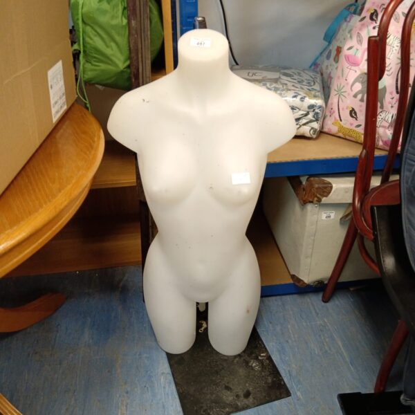 White plastic female mannequin torso for clothing display.