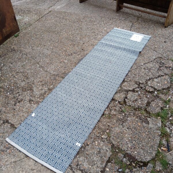 Blue and white patterned Dunelm runner rug for hallways.
