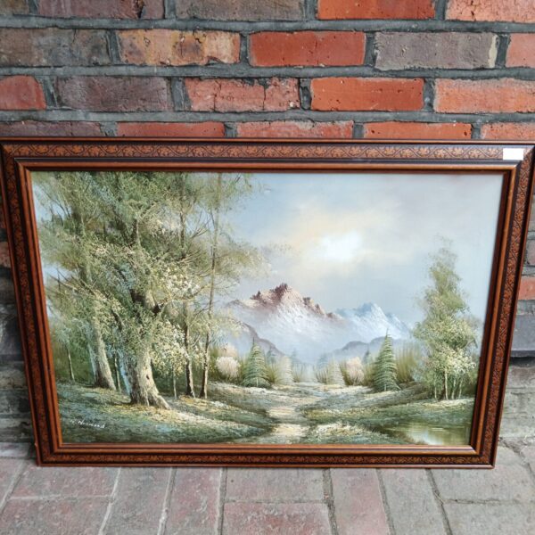 Signed oil painting of a river mountain landscape, vintage art.