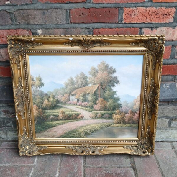 Vintage P Wilson oil painting of a country cottage landscape.