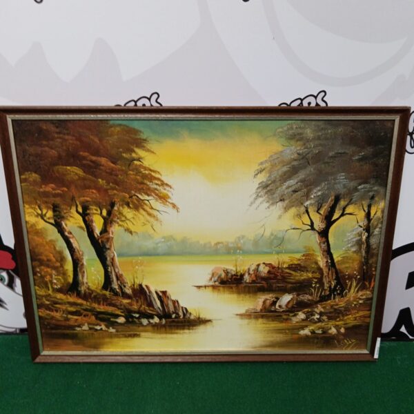 Serene Laliu sunset oil painting on board with water and trees.