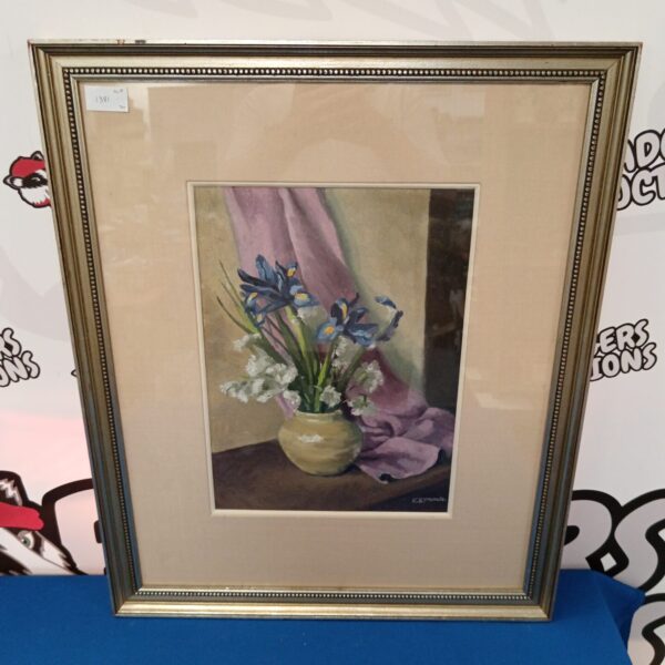 Vintage oil painting of blooms in a vase by K Symonds.