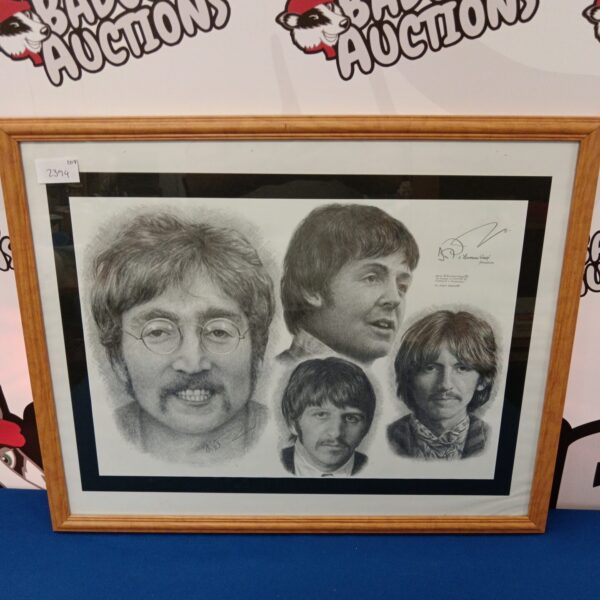 Signed Beatles print by Jonathan Wood, a collectible music art piece.
