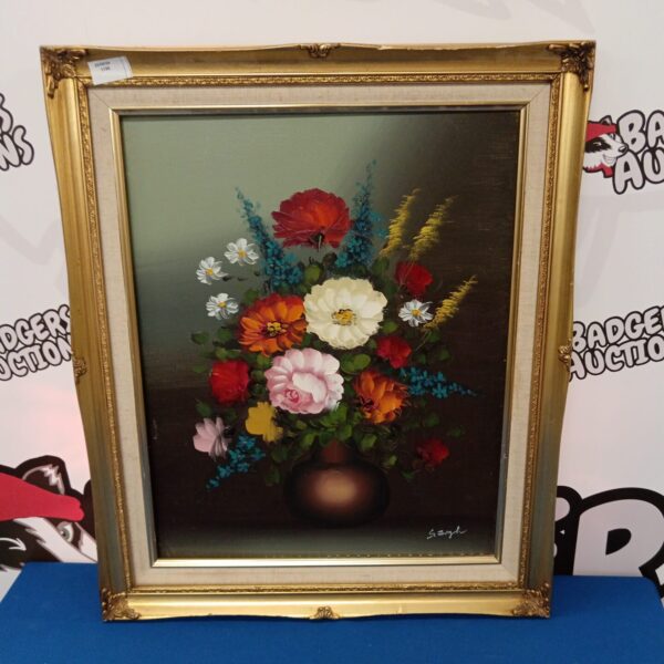 Signed S Zough still life oil painting of flowers in a vase.