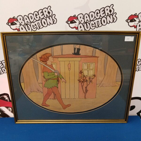 Vintage chromolithograph print of Peter Pan in a nursery setting.