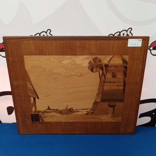 Vintage England marquetry panel featuring a detailed windmill scene.