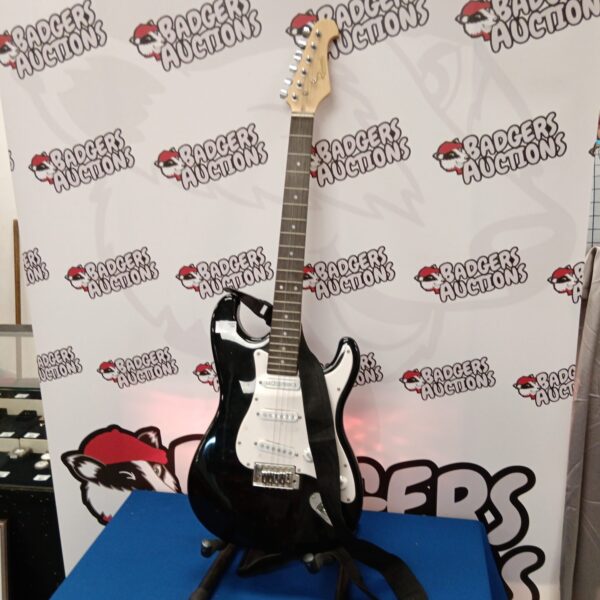 Black redwood electric guitar for musicians and collectors.