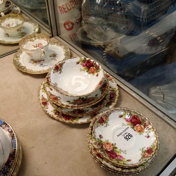Royal Albert Old Country Rose china collection on display.