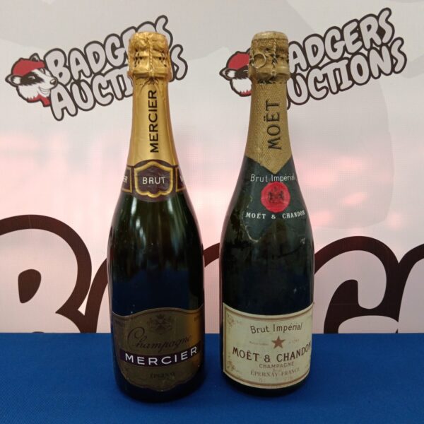Moet & Chandon and Mercier champagne bottles, collectible French wine.