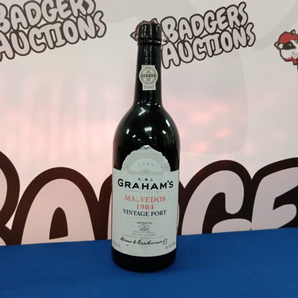 Bottle of Graham's Malvedos 1984 vintage port wine.