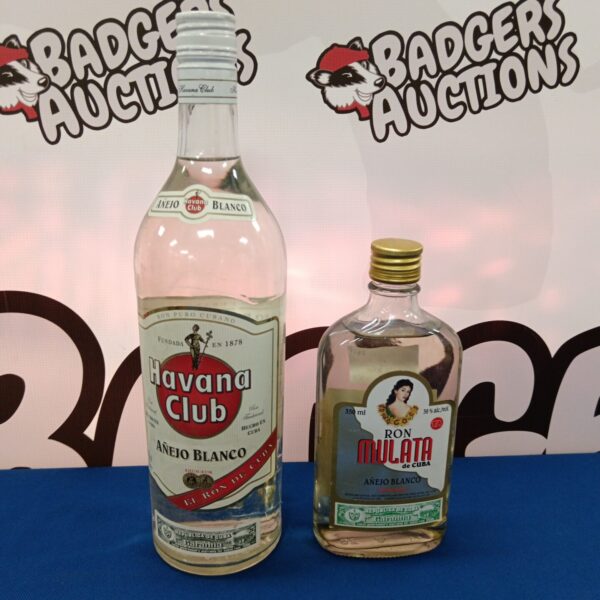 Vintage Havana Club and Ron Mulata rum bottles, collectible Cuban alcohol.