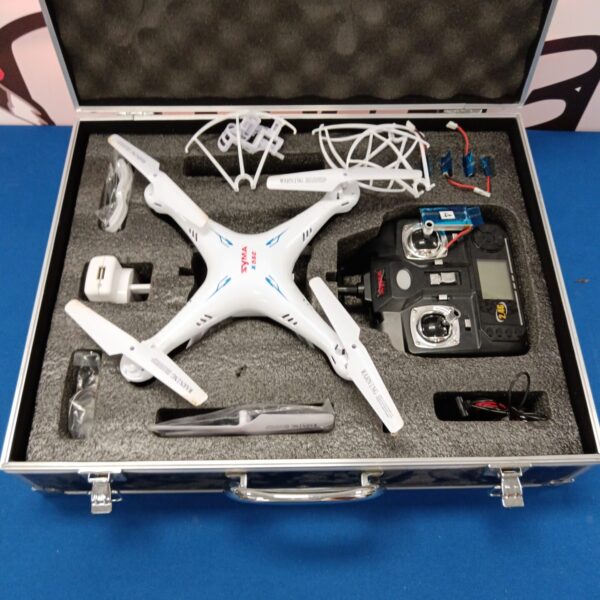 Syma X5SC drone inside a protective carrying case, ready for flight.