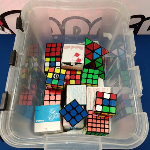 A box of colourful Rubik's Cube puzzles for collectors and enthusiasts.