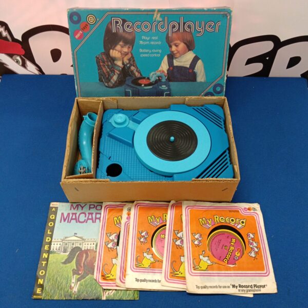 Vintage Marx record player in original box, collectible toy.