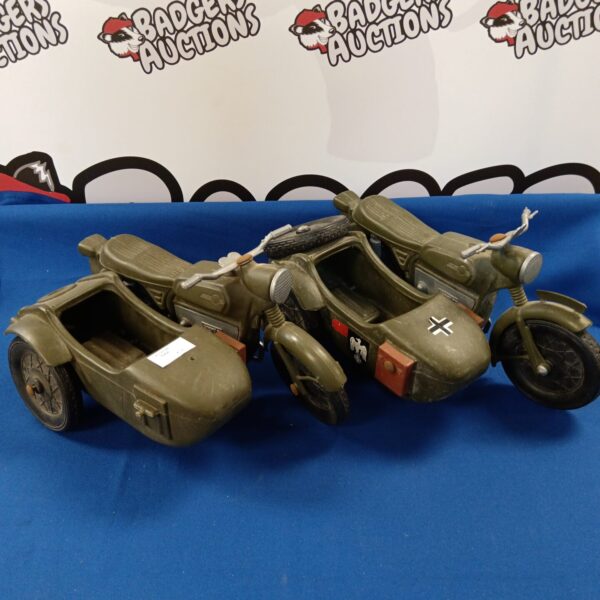 Vintage Gherilea Action Man motorcycle with sidecar toy.
