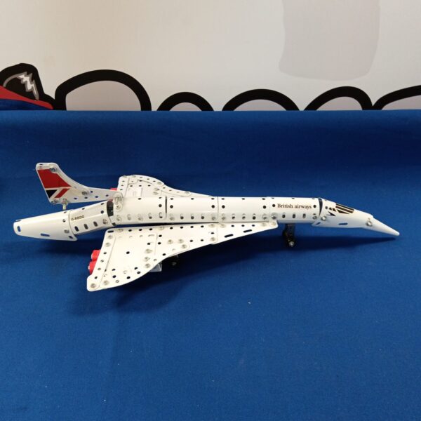 Vintage Meccano British Airways Concorde model, detailed metal construction.