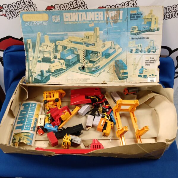 Vintage Matchbox container port playset with colourful containers and crane.