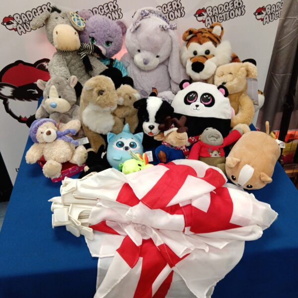 Diverse soft toy collection including Playworks and Paws plushies.