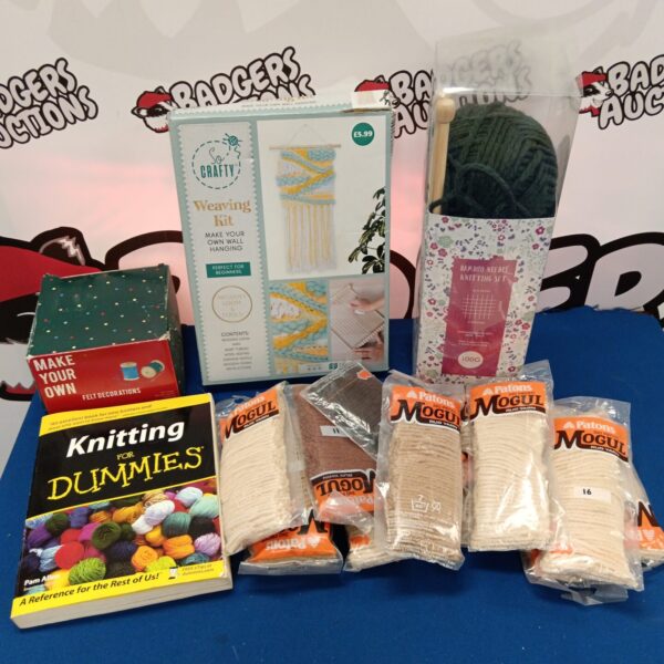 Crafting supplies lot with rug wool and weaving kit.