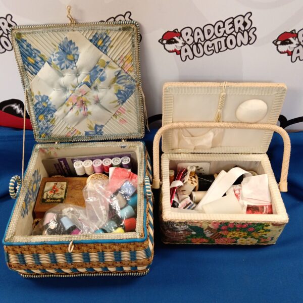 Vintage sewing boxes filled with sewing supplies and notions.