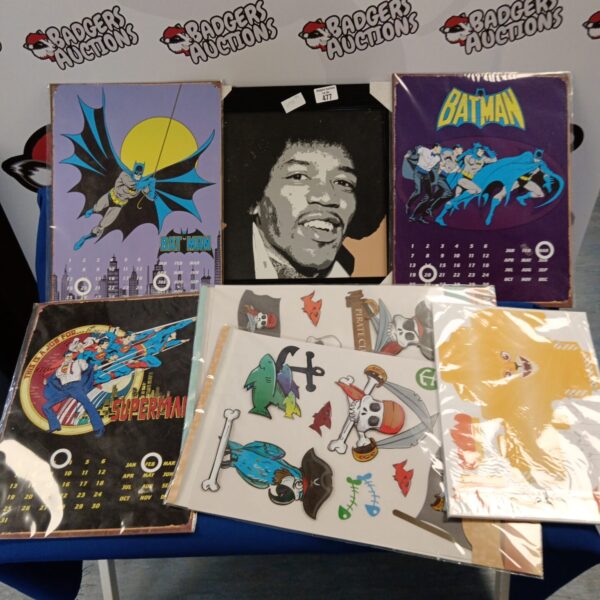 Vintage Batman wall calendar and stickers collection for collectors.