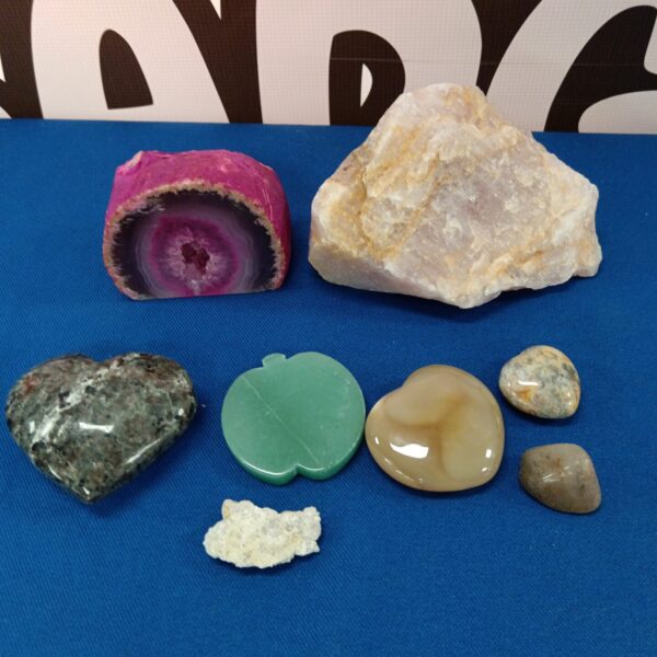 Semi precious stone collection featuring a banded geode section.