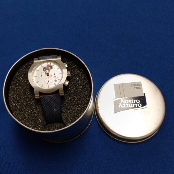 Vintage Nastro Azzuro chronograph watch with black strap.