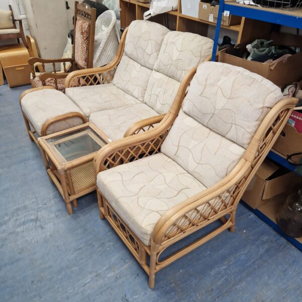 Vintage bamboo conservatory set with sofa, armchair and tables.