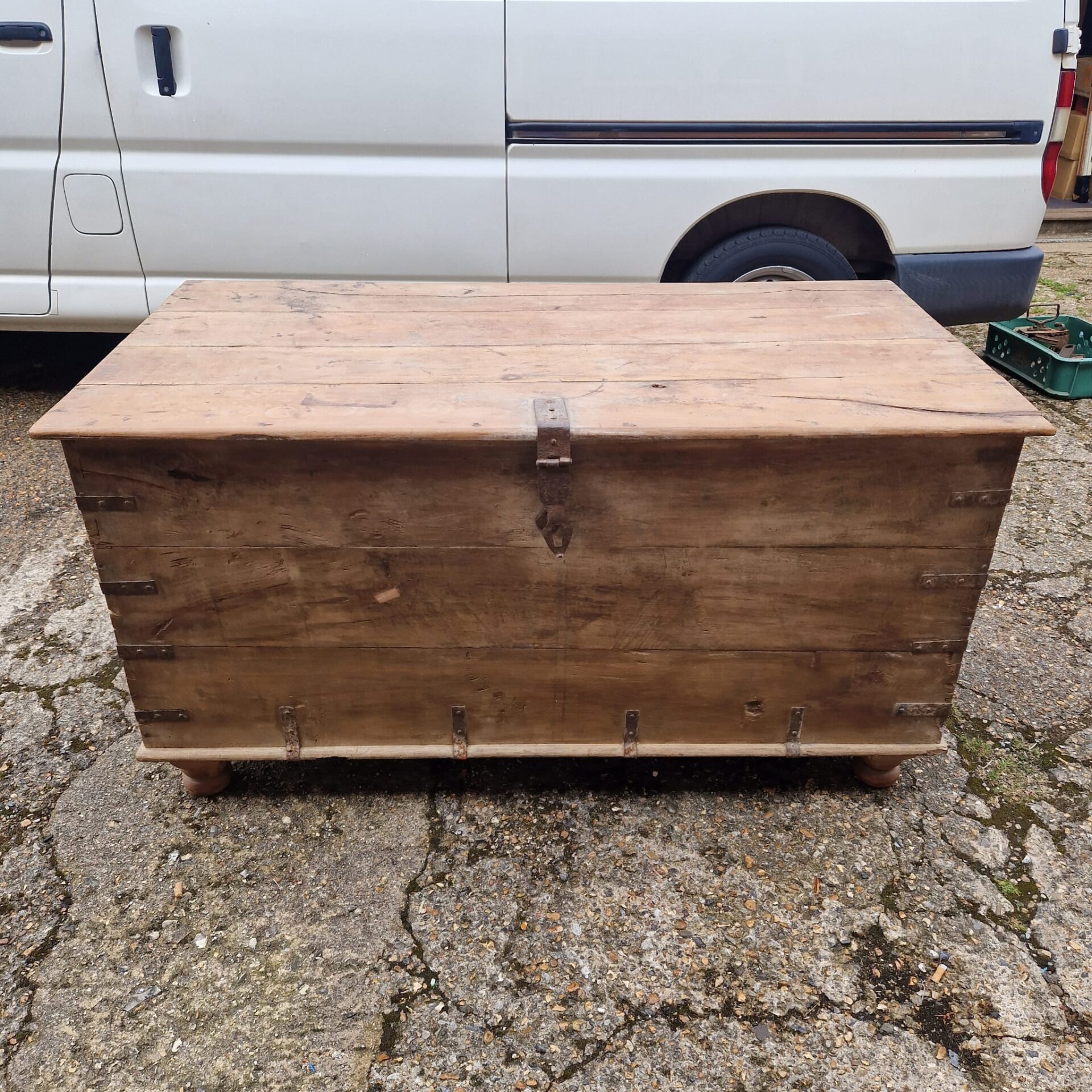 512 large antique 18th century elm trunk with candle box W57/D29/H30”