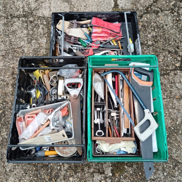 Assorted vintage hand tools in a tray, tool and hardware lot.