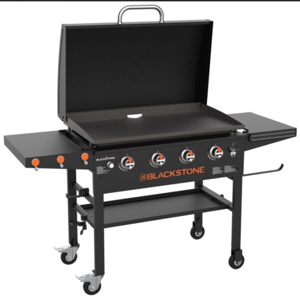 Black Blackstone 36” griddle BBQ with hood and burners.