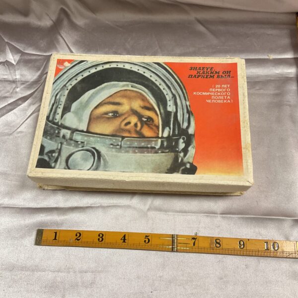 Vintage Russian matchbox featuring Yuri Gagarin portrait.