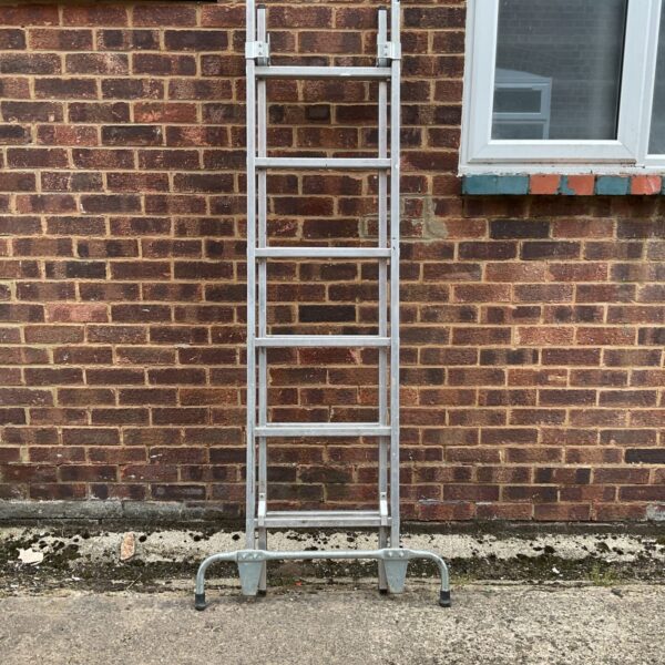 Silver aluminium step ladder, side view, for DIY projects.