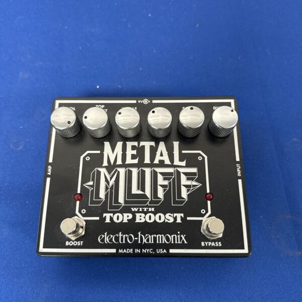 Vintage Electro-Harmonix Metal Muff guitar effects pedal, side view.