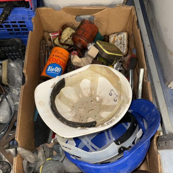 Mixed garage clearance lot with tools and hardware.