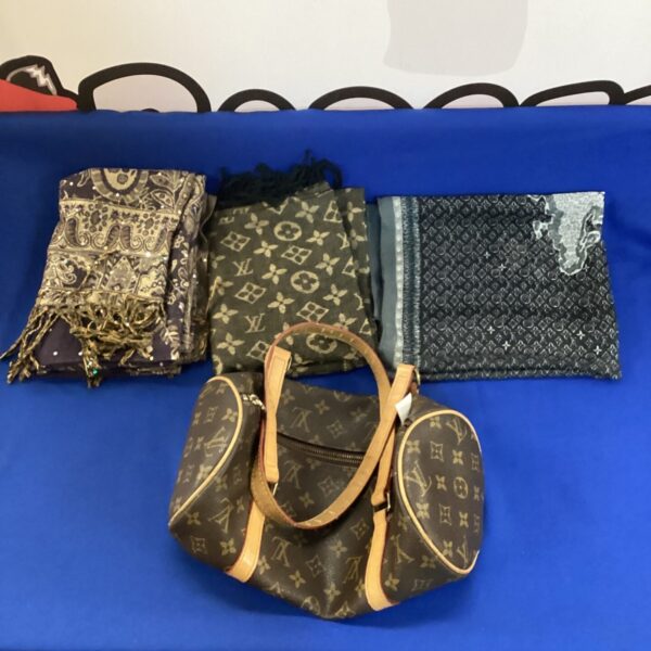Louis Vuitton handbag and scarves lot, designer fashion accessories.