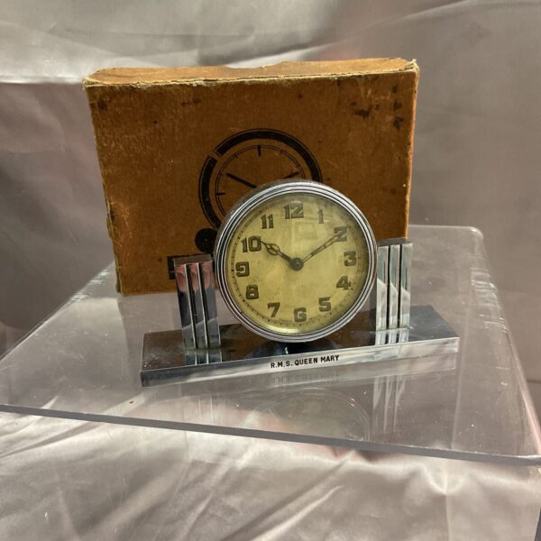 Vintage RMS Queen Mary Art Deco desk clock in original box.