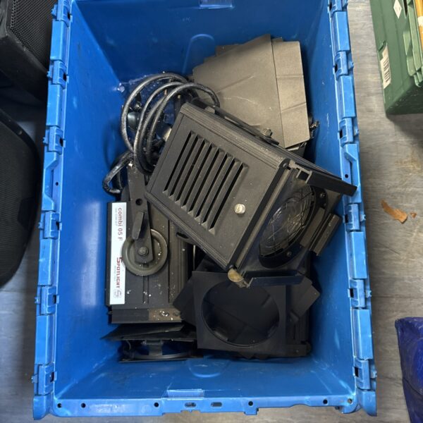 Used Combi 05 F spotlight inside a blue storage box.