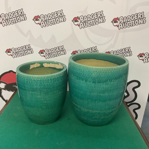 Vintage green salt glazed plant pots for garden or home.