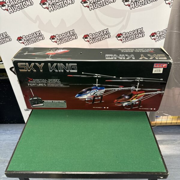 Vintage Sky King metal body RC helicopter for collectors.