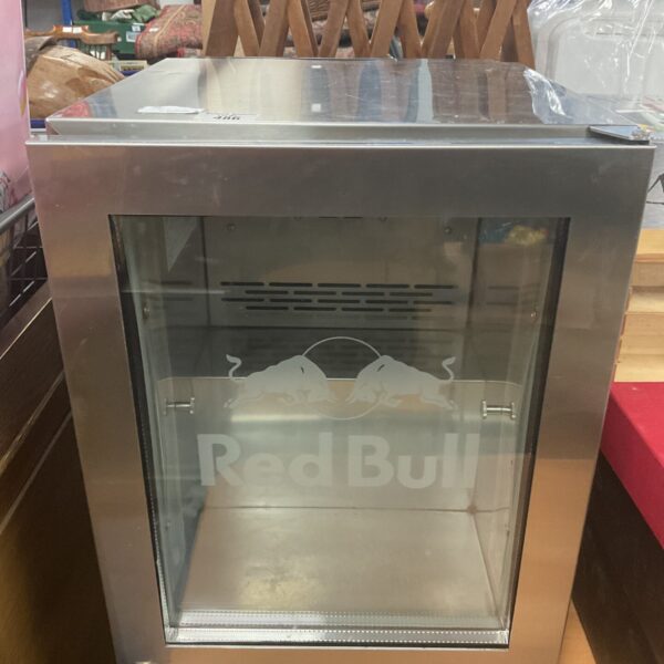 Front view of a Red Bull branded mini fridge.