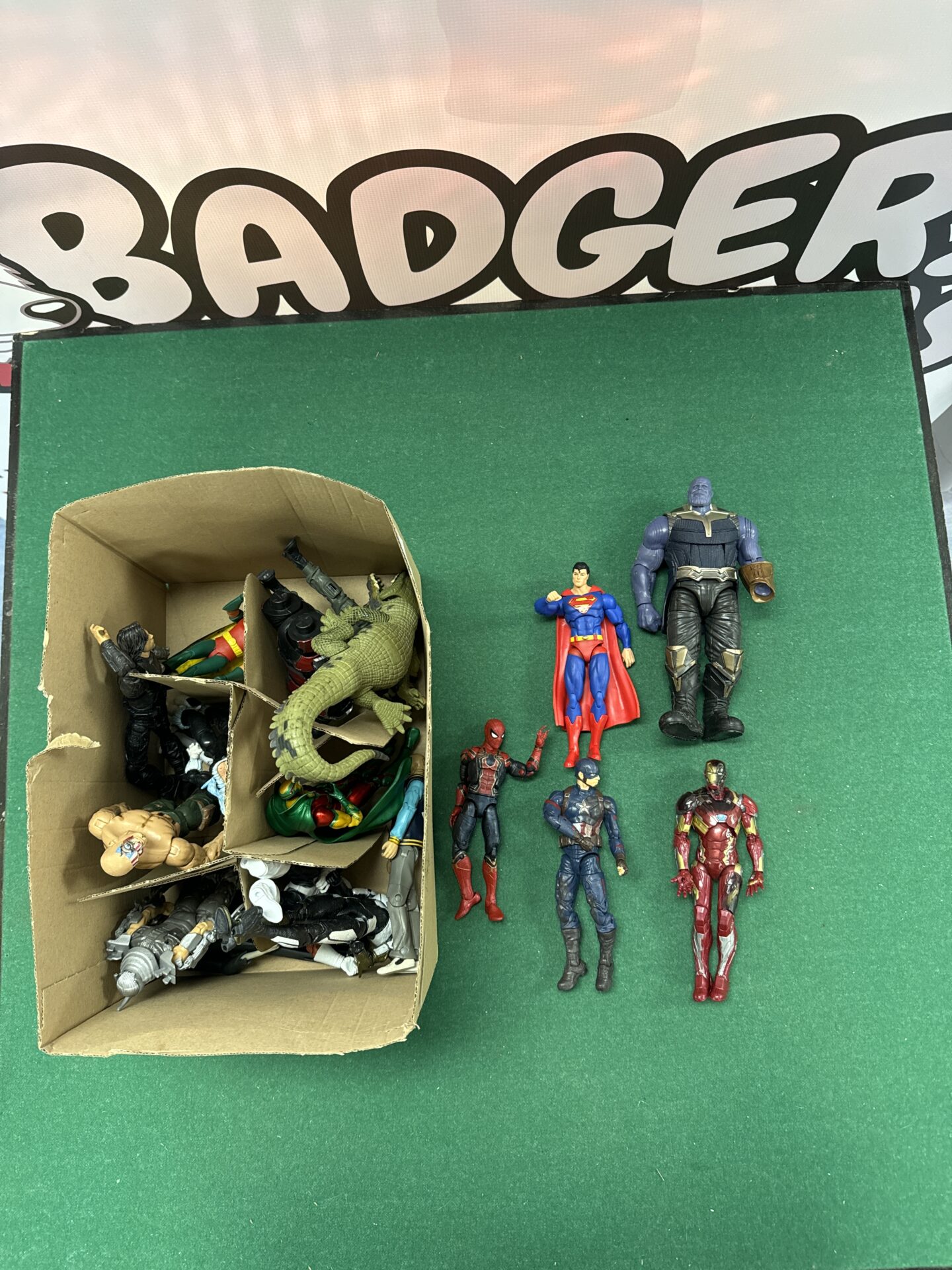 292 box of action figures incl. spider man, iron man, captain america, thanos, and more
