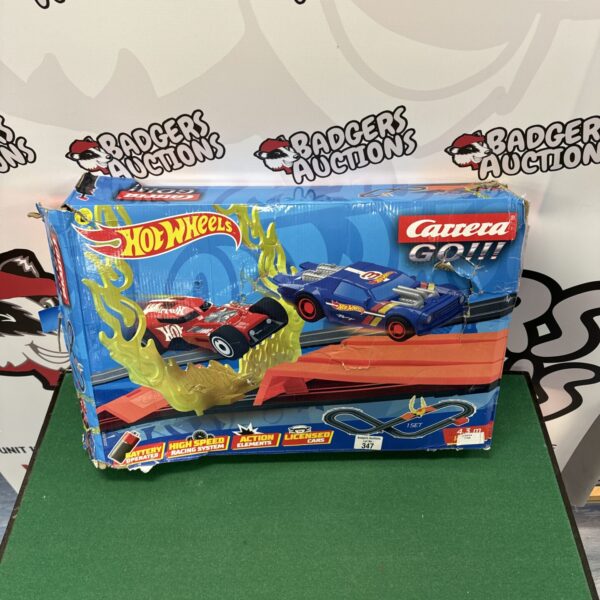 Hot Wheels Carrera Go racing set with vibrant track and cars.