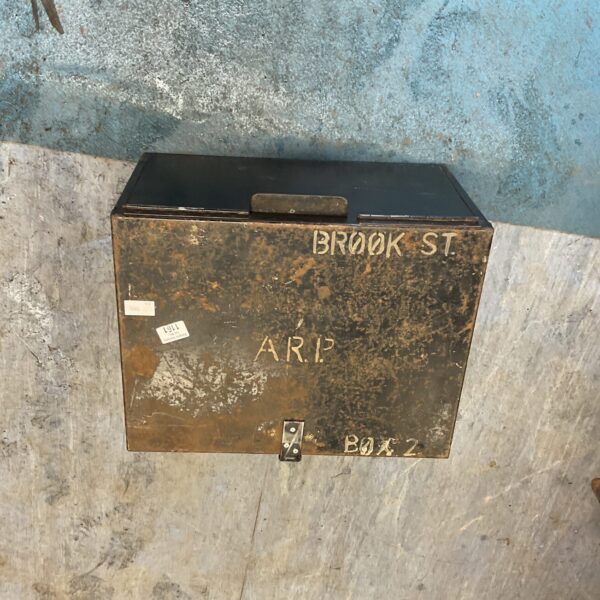 Front view of a vintage ARP air raid patrol crate.