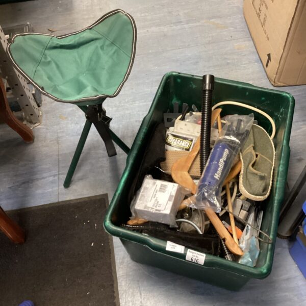 Mixed lot of folding stool, handipump, and extension socket.