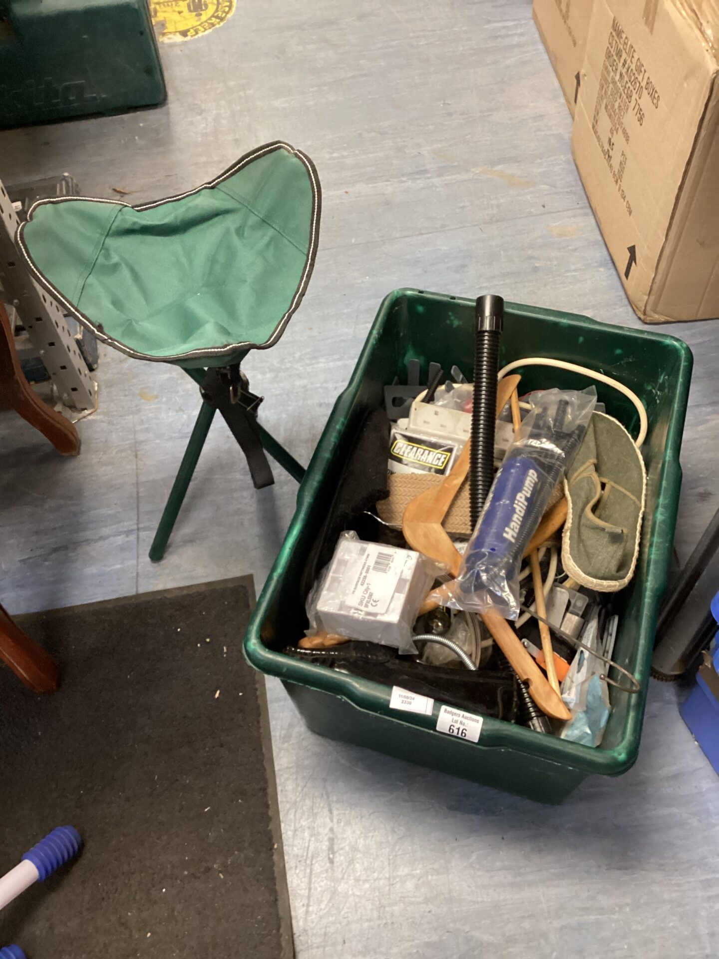 616 Green tub of mixed inc folding stool, handipump & extension plug socket