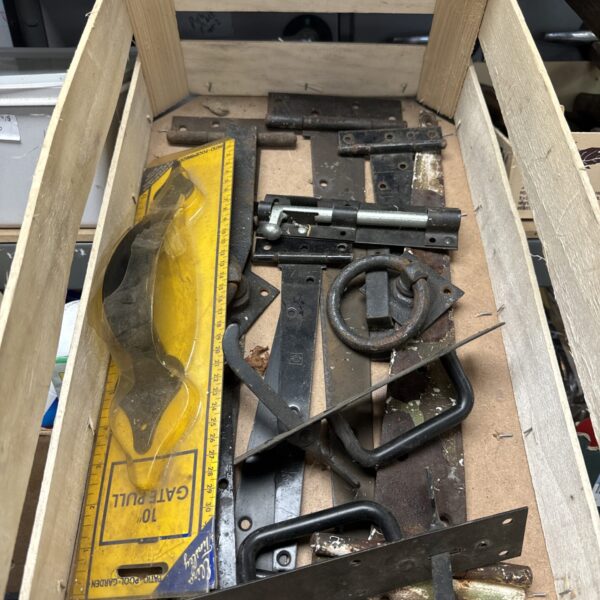 Vintage gate hardware lot with hinges and latches.